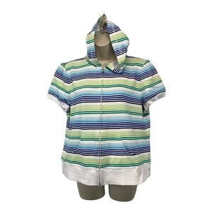 SJB Active Womens Short Sleeve Hoodie Top Size Large Striped Full Zip